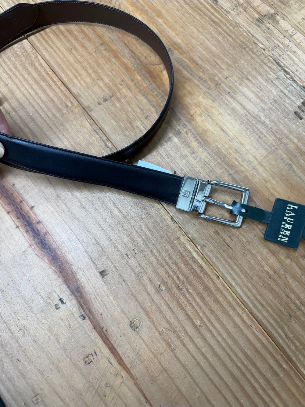 Ralph Lauren Black Leather Men's Belt with reversible Silver Buckle